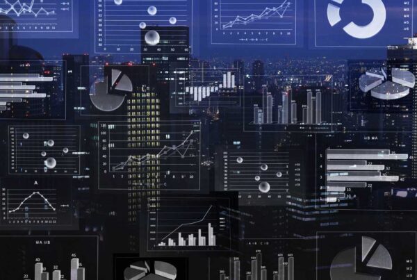 City skyline with an overlay of graphs and reports